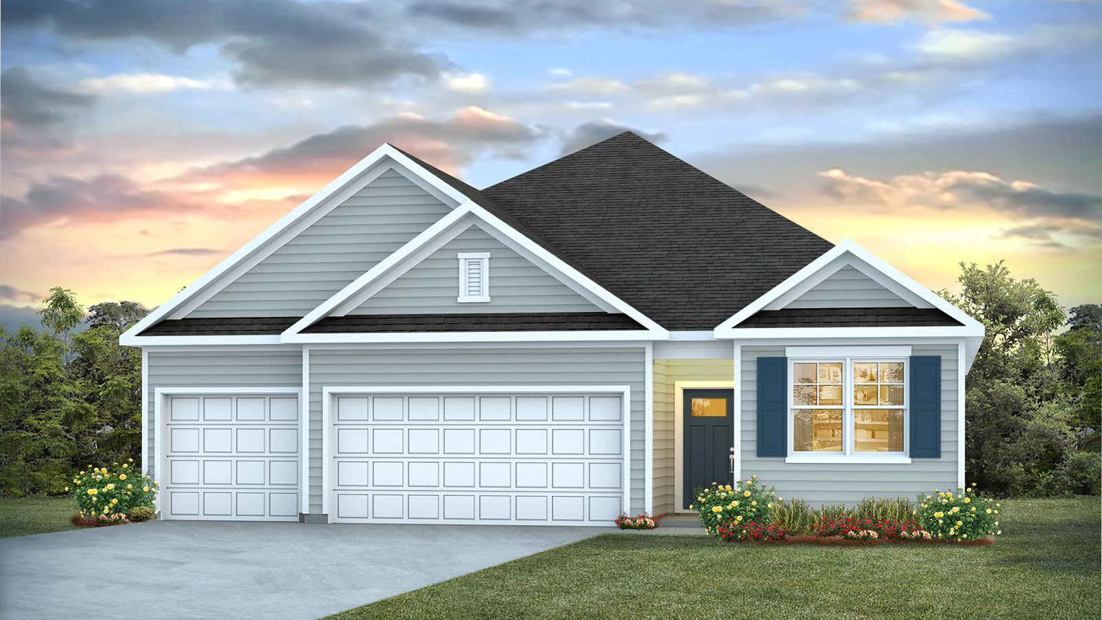 Martin floorplan by D.R. Horton at Laurel Grove featuring charming curb appeal, modern ranch-style architecture, attached two-car garage, and professionally landscaped front yard.