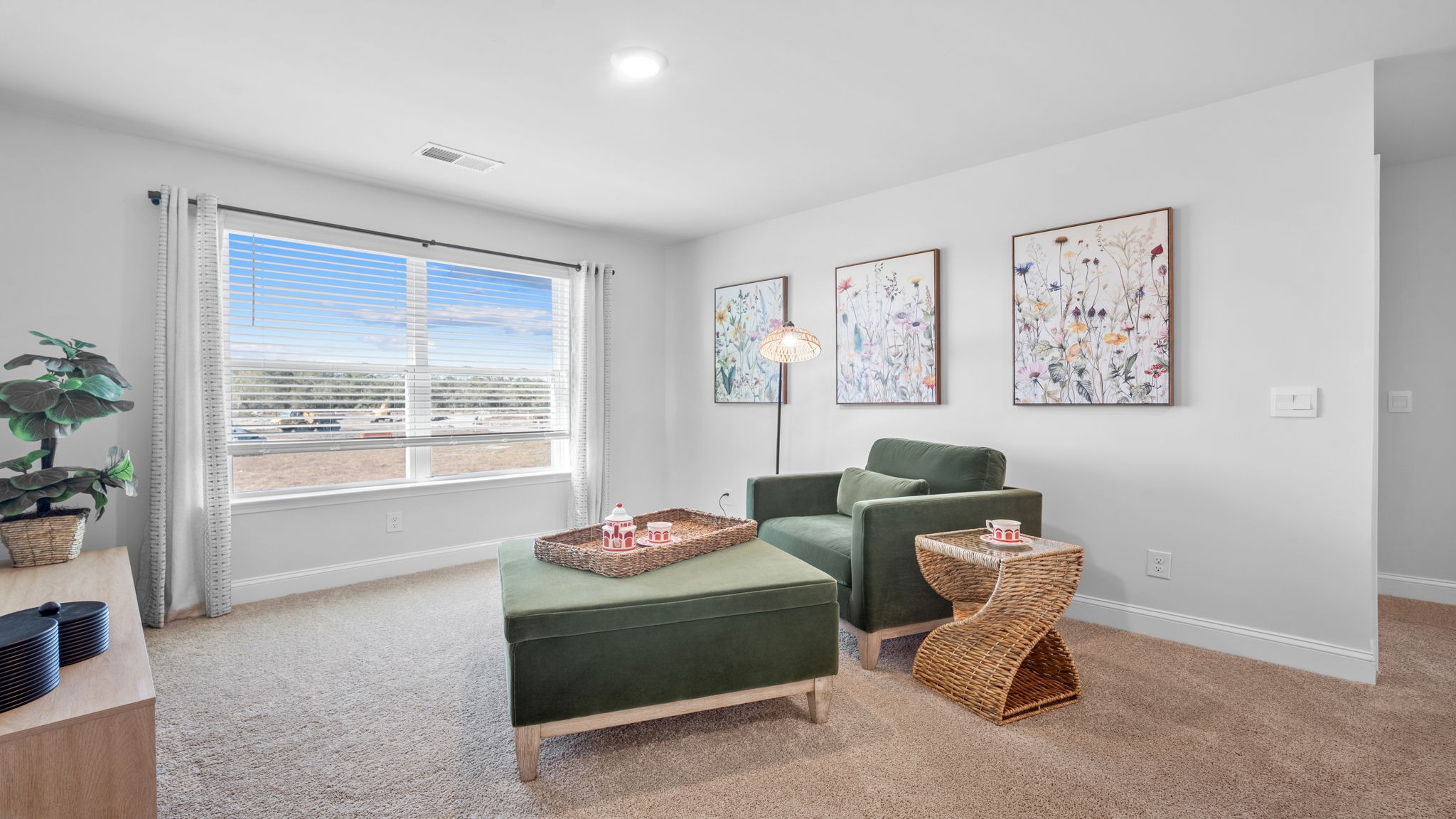 Living area with a green couch, footstool, and tv console