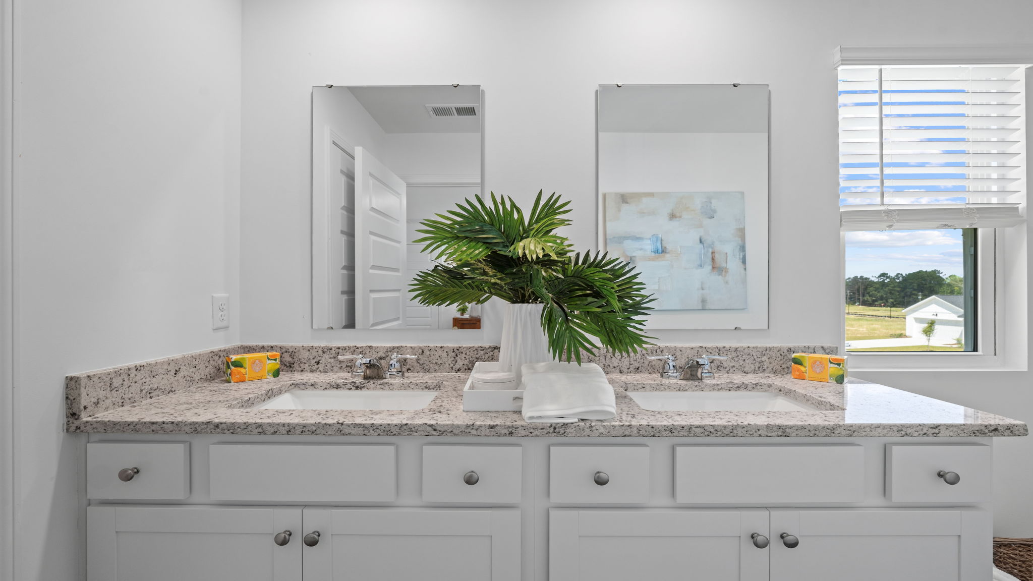 Owner's bath vanity featuring double sinks, ample counter space, and bright lighting.