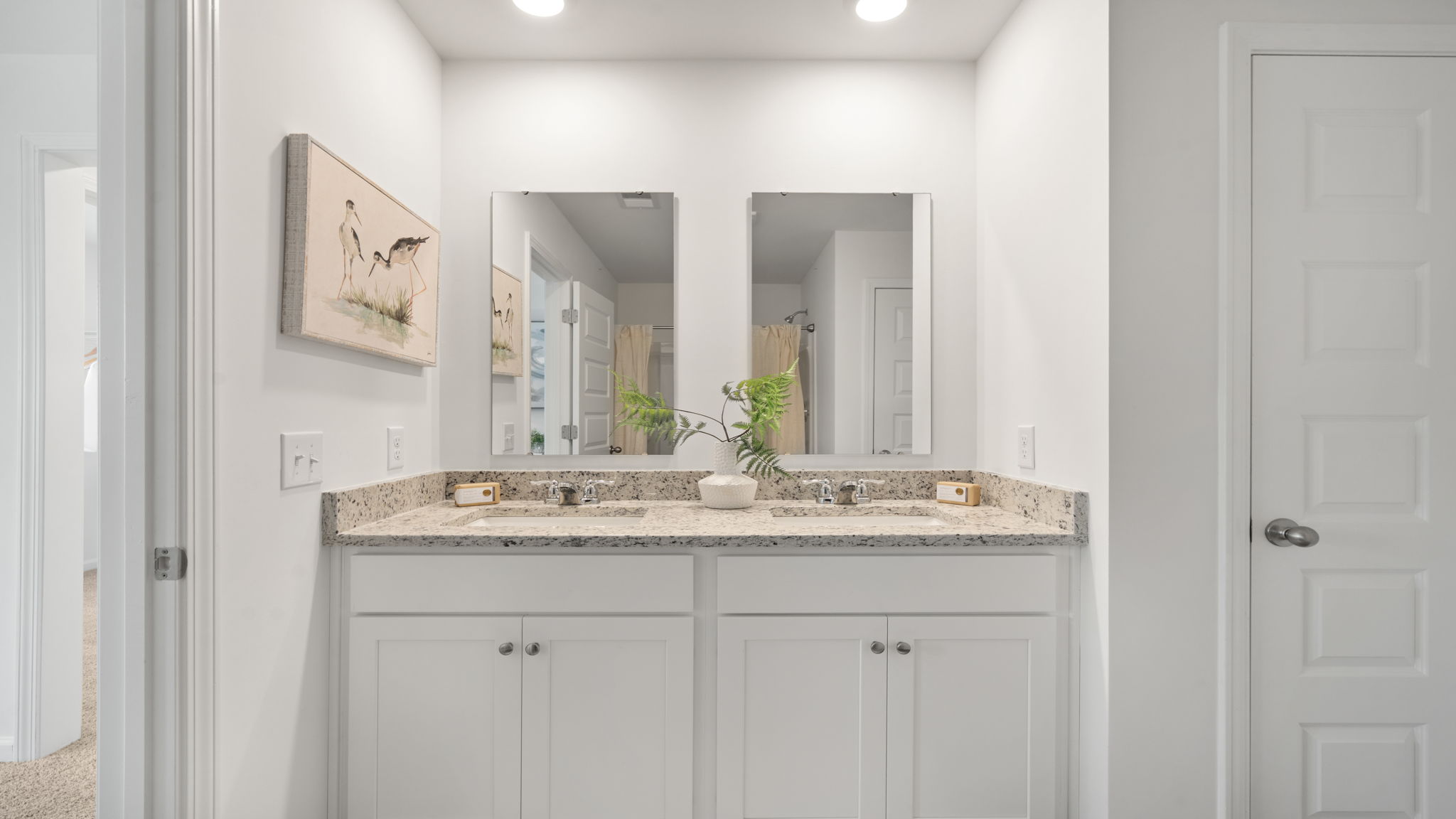 Double-sink vanity in the primary bathroom of the Denmark floor plan