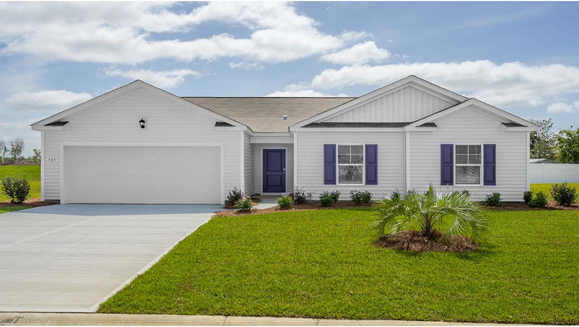 Alston floor plan exterior in Fernhill Farms featuring Lowcountry-inspired architecture, attached two-car garage, and exceptional curb appeal.