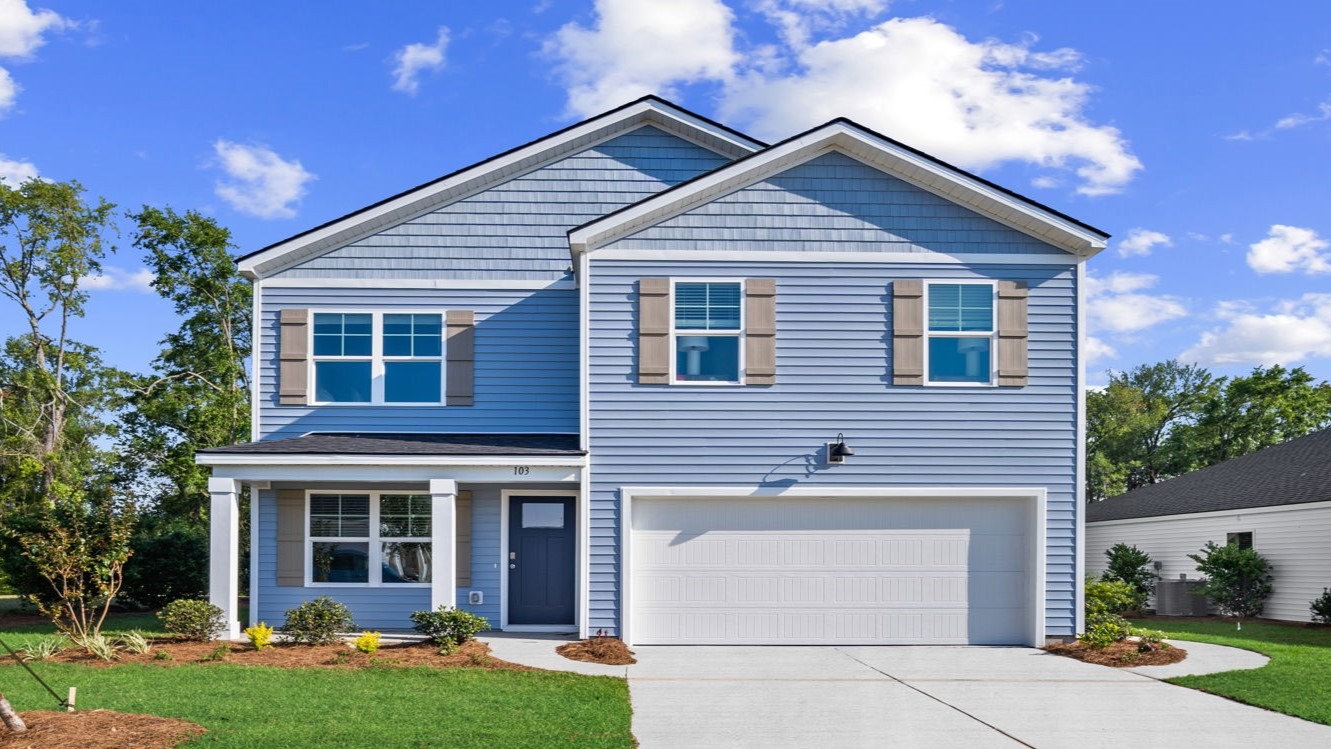 Belhaven floor plan home with attractive curb appeal, covered entry, landscaped front yard, and modern exterior design.