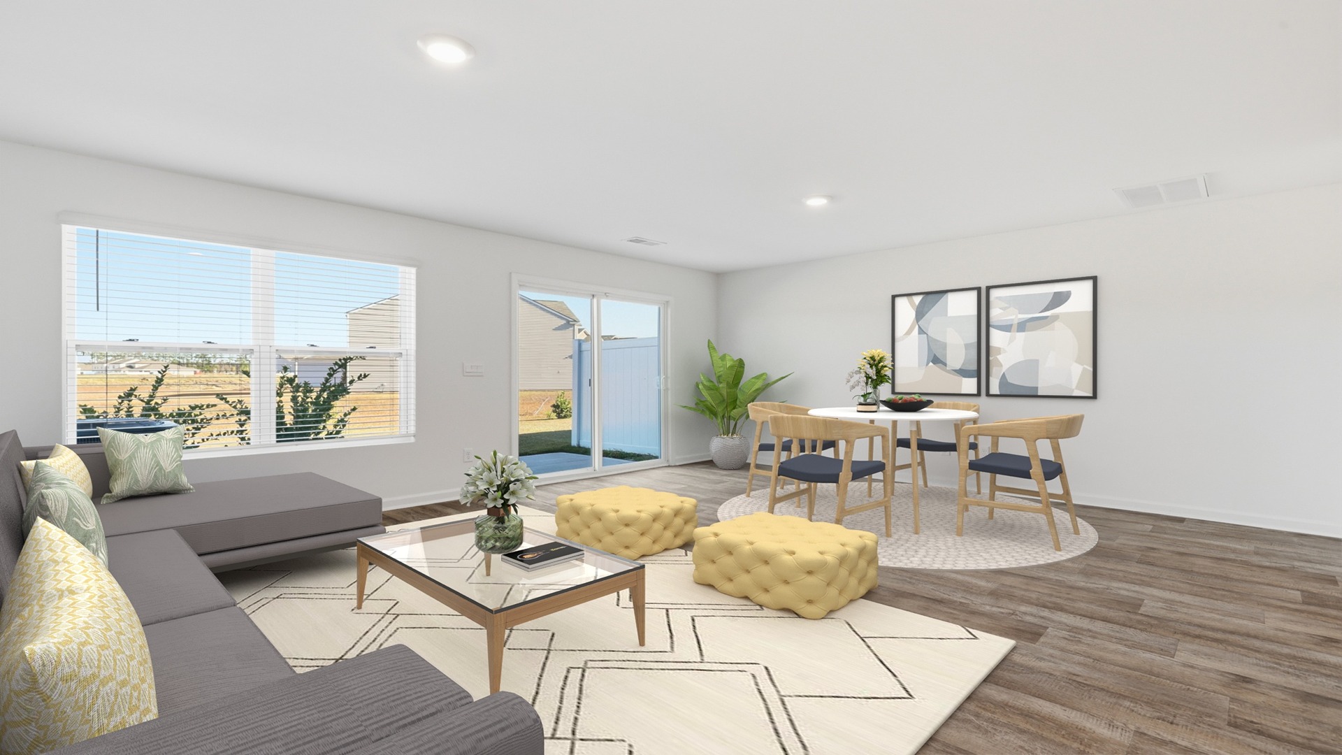 living room to dining room with sliding glass doors