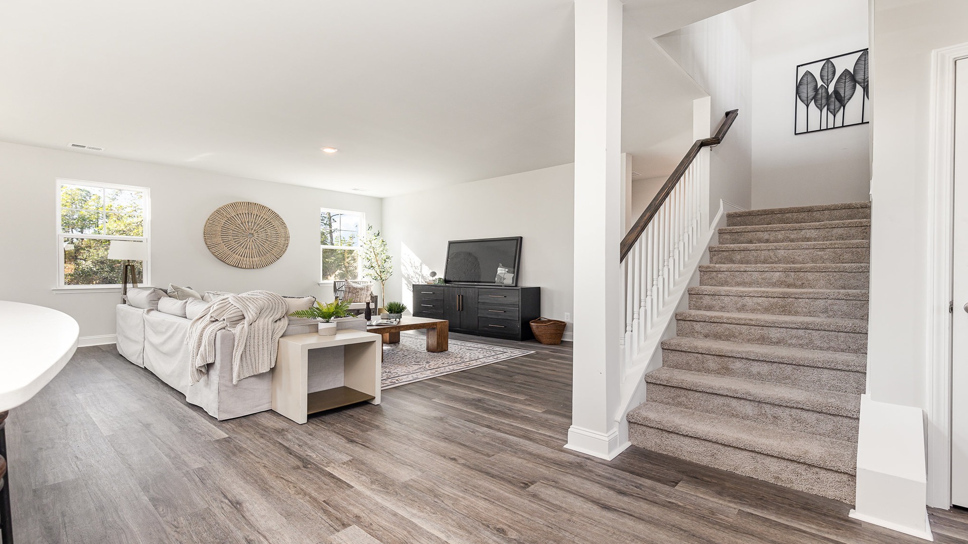 living room with stairs