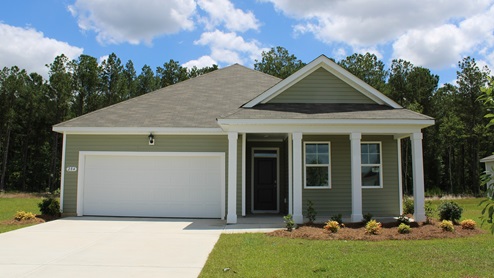 Single-story home with covered porch and two-cagarage
