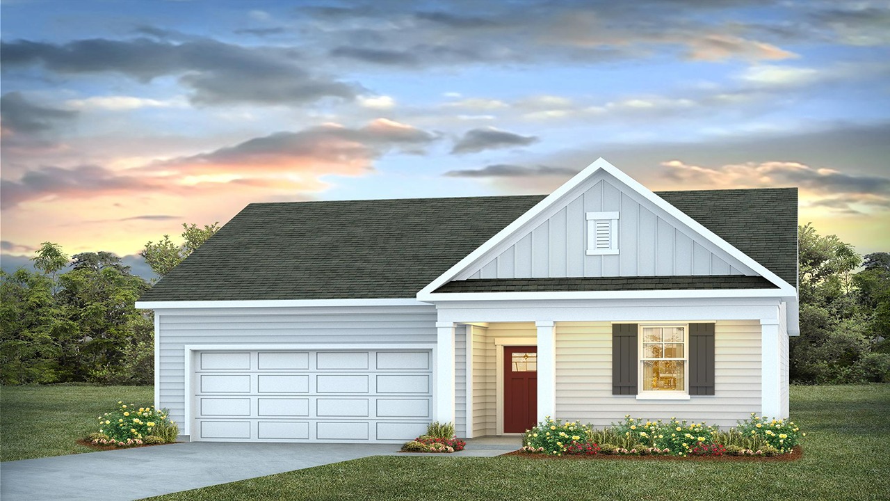 Single-story home with cement fiber siding
