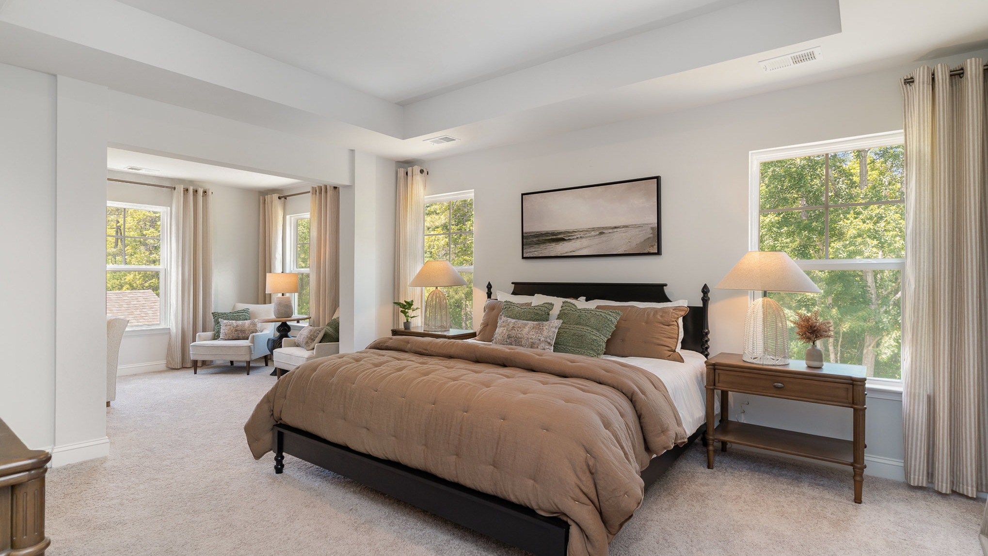 Harbor Oak bedroom dresser with brown comforter