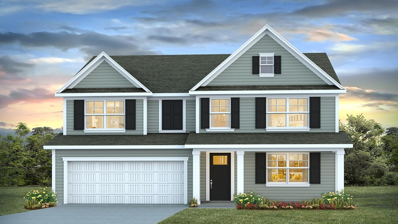 Two-story home with two-car garage and blue siding