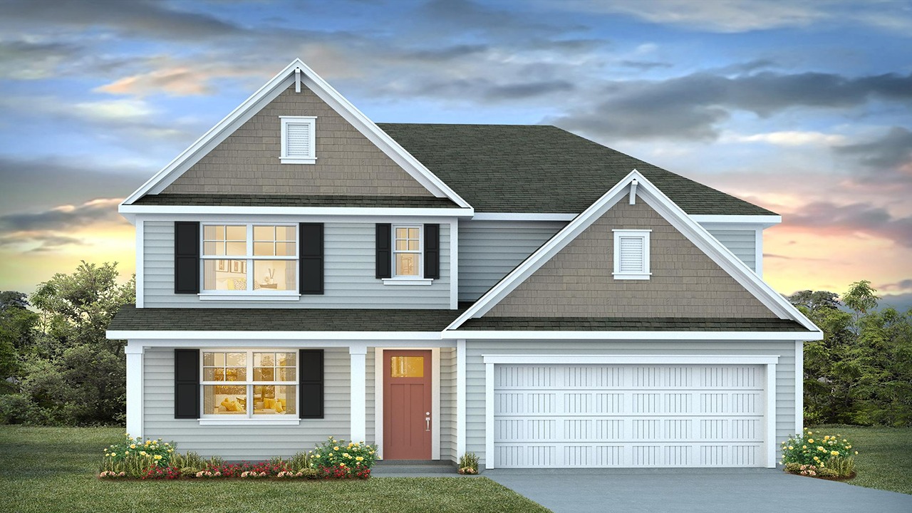 Two-story home with two-car garage and blue siding