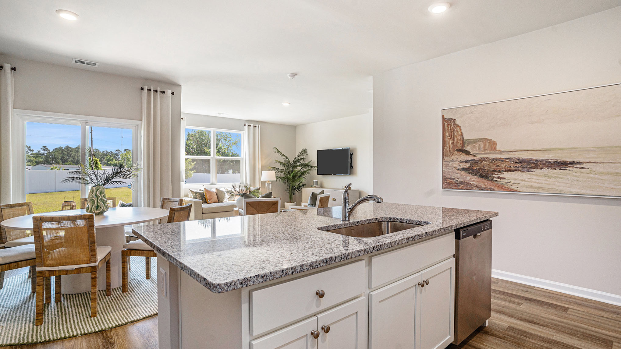 kitchen overlooking living area