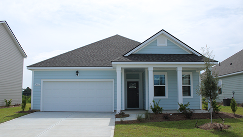 Single-story home with blue siding and model layout