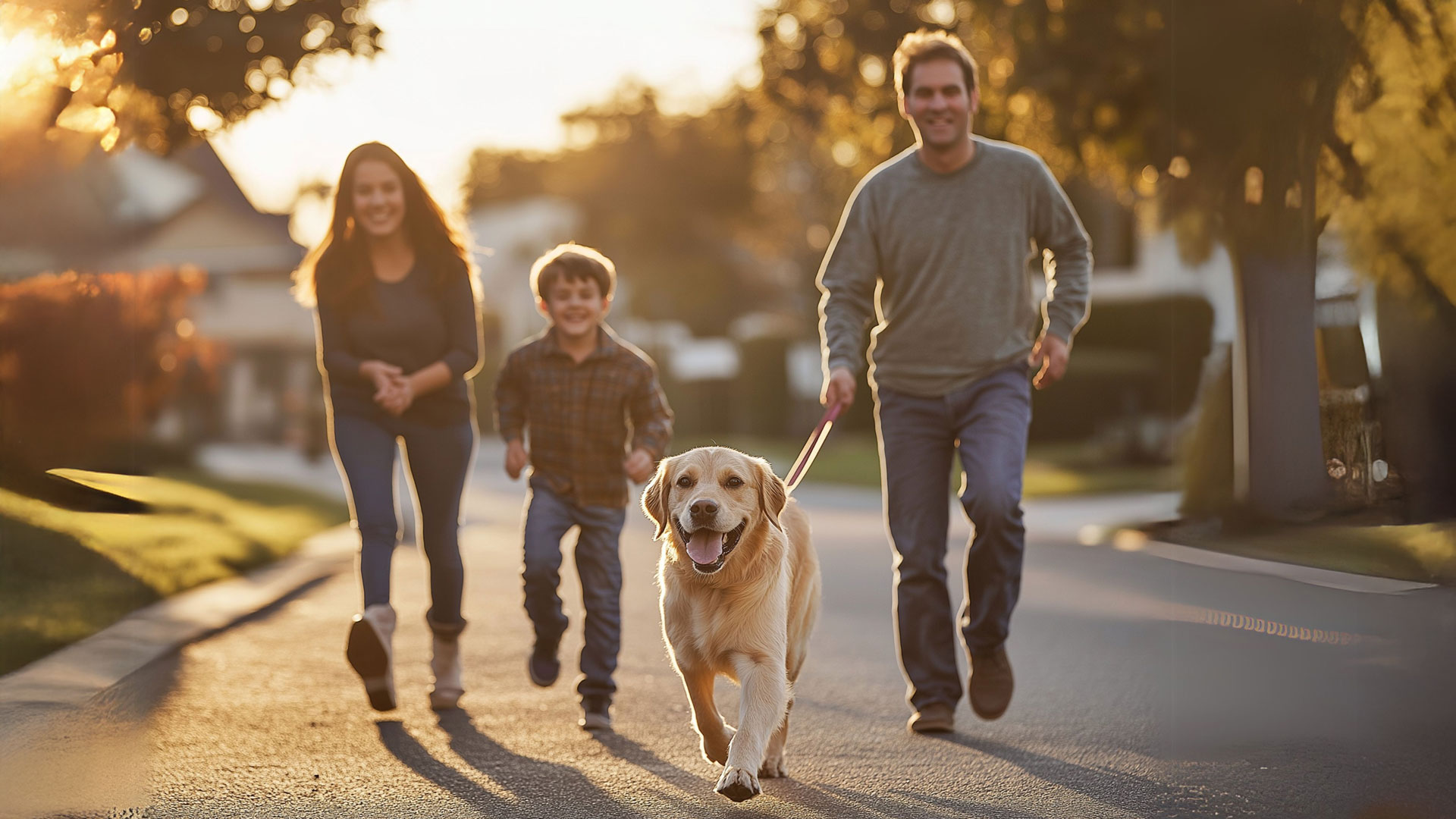 family walking dog