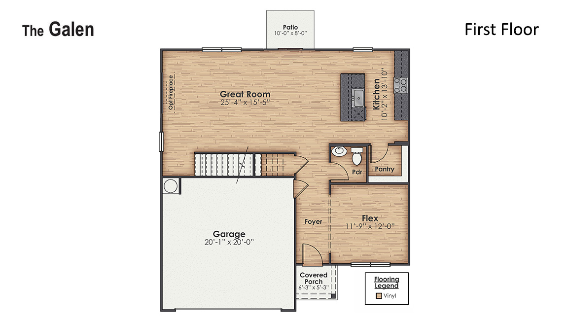 Inside this Galen is a 4-bedroom, 2.5-bathroom home, you’ll find 2,338 square feet of comfortable living. Down the hall, you’ll have a flex room with french doors.