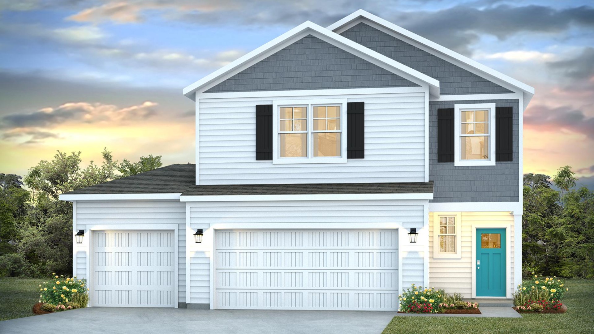 The Manning is a 4-bedroom, 2.5-bathroom, 2,203 sq ft home with a 3-car garage, and it has the primary suite on the main level.