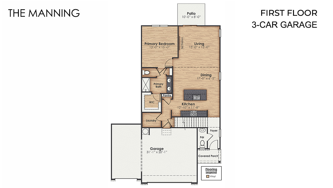 The Manning is a 4-bedroom, 2.5-bathroom, 2,203 sq ft home with a 3-car garage, and it has the primary suite on the main level.