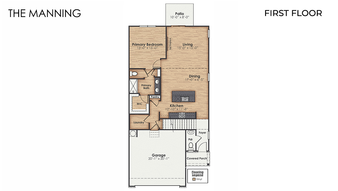 The Manning is a 4-bedroom, 2.5-bathroom, 2,203 sq ft home with a 2-car garage, and it has the owner's suite on the main level.