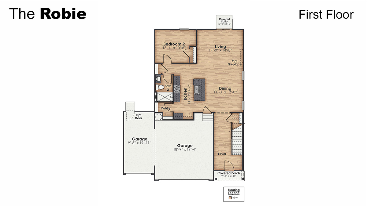 The Robie is a 4-bedroom, 3 bath, 2,361 sq ft two-story plans featured at Saunders Village in Northwest, North Carolina. This home offers a guest bedroom on the main floor, four bedrooms, three bathrooms, and a 3-car garage.
