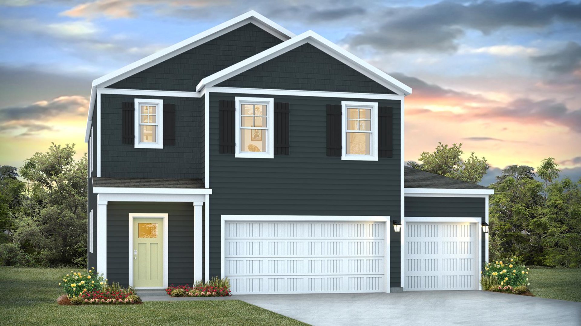 The Robie is a 4-bedroom, 3 bath, 2,361 sq ft two-story plans featured at Saunders Village in Northwest, North Carolina. This home offers a guest bedroom on the main floor, four bedrooms, three bathrooms, and a 3-car garage.