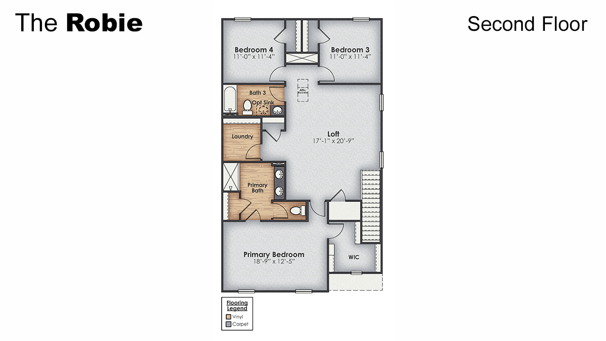 The Robie is a 4-bedroom, 3 bath, 2,361 sq ft two-story plans featured at Saunders Village in Rieglewood, North Carolina. This home offers a guest bedroom on the main floor, four bedrooms, three bathrooms, and a two-car garage.