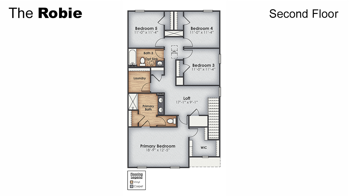 The Robie is a 4-bedroom, 3 bath, 2,361 sq ft two-story plans featured at Saunders Village in Rieglewood, North Carolina. This home offers a guest bedroom on the main floor, four bedrooms, three bathrooms, and a two-car garage.The Robie is a 4-bedroom, 3 bath, 2,361 sq ft two-story plans featured at Saunders Village in Rieglewood, North Carolina. This home offers a guest bedroom on the main floor, four bedrooms, three bathrooms, and a two-car garage.