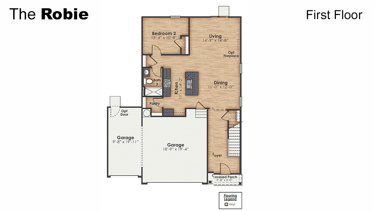 The Robie is a 4-bedroom, 3 bath, 2,361 sq ft two-story plans featured at Saunders Village in Rieglewood, North Carolina. This home offers a guest bedroom on the main floor, four bedrooms, three bathrooms, and a two-car garage.