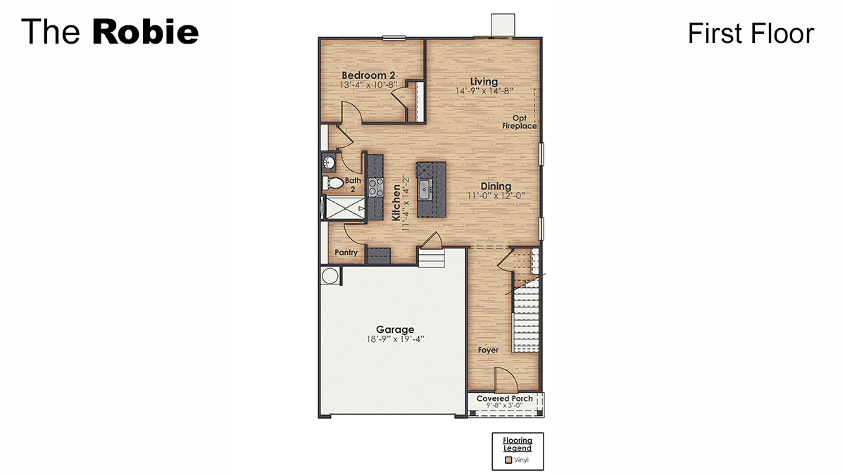 The Robie is a 4-bedroom, 3 bath, 2,361 sq ft two-story plans featured at Saunders Village in Rieglewood, North Carolina. This home offers a guest bedroom on the main floor, four bedrooms, three bathrooms, and a two-car garage.