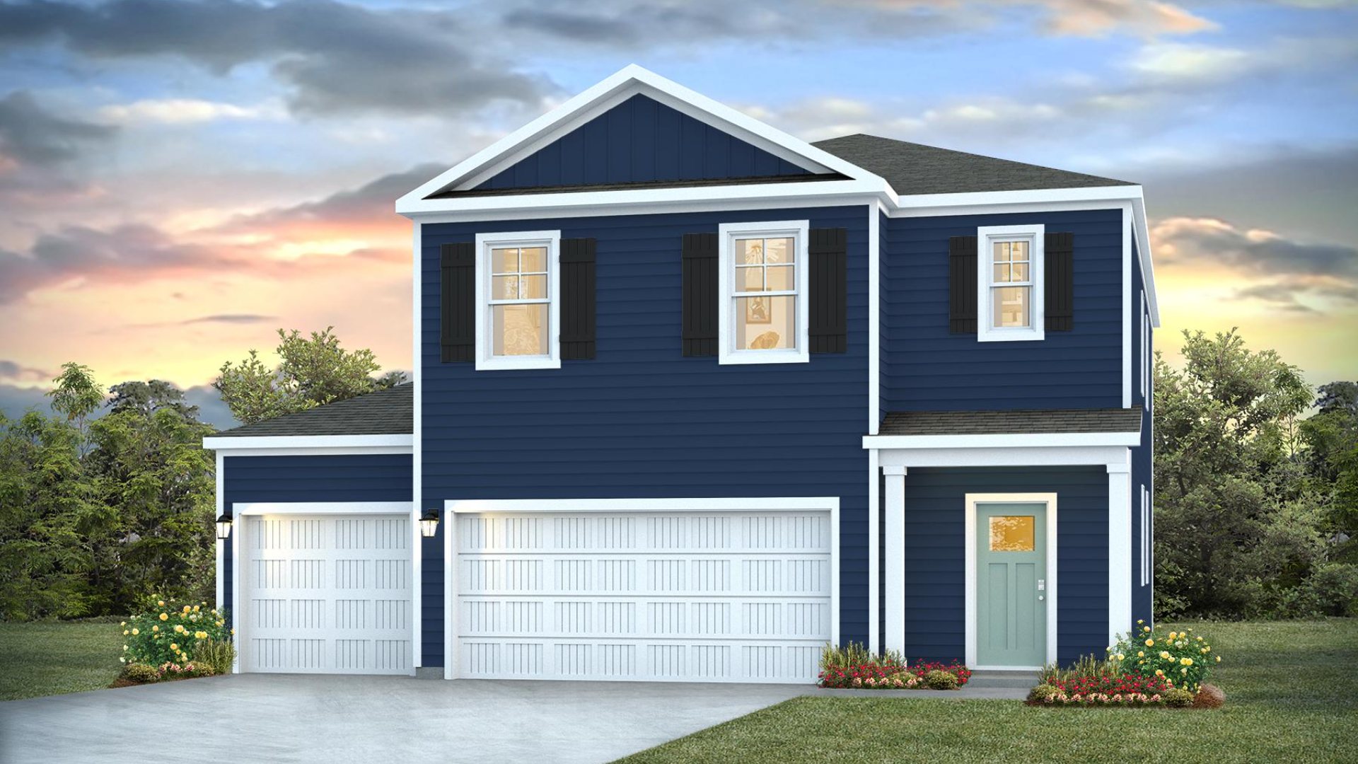 The Robie is a 4-bedroom, 3 bath, 2,361 sq ft two-story plans featured at Saunders Village in Rieglewood, North Carolina. This home offers a guest bedroom on the main floor, four bedrooms, three bathrooms, and a two-car garage.