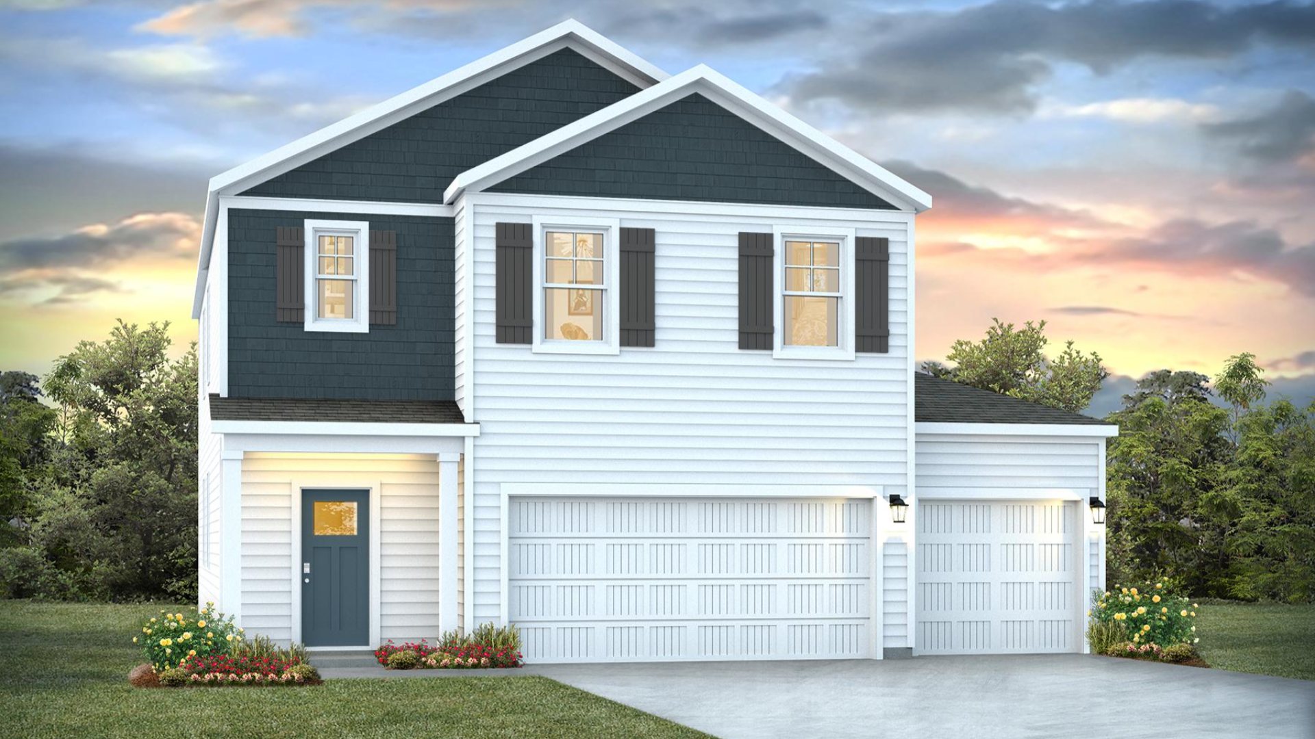 The Robie is a 4-bedroom, 3 bath, 2,361 sq ft two-story plans featured at Saunders Village in Rieglewood, North Carolina. This home offers a guest bedroom on the main floor, four bedrooms, three bathrooms, and a two-car garage.