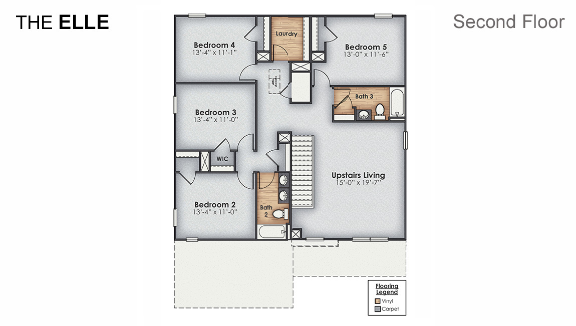 The Elle is one of our two-story floorplans in Saunders Village, located in Riegelwood, North Carolina. Inside this 5 bedroom, 3.5 bathroom home, you’ll find 2,713 square feet of comfortable living.