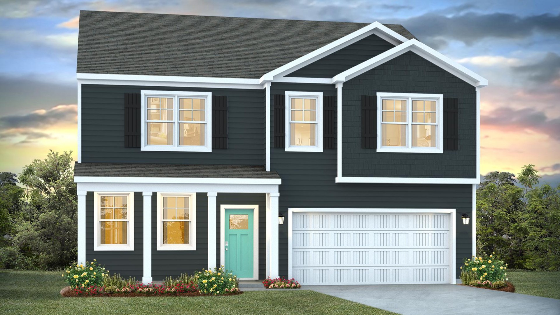 The Hanover is a spacious two-story home offered at Saunders Village in Rieglewood, North Carolina. The home features six bedrooms, two and a half bathrooms, plus a flex space and loft as well as two-car garage.