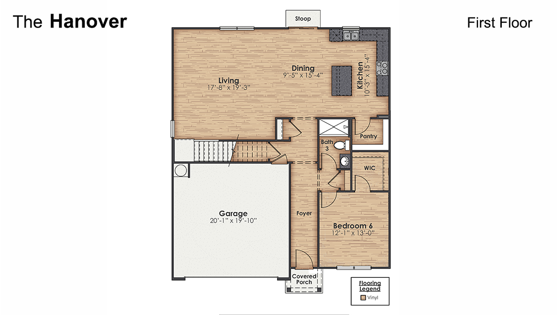 The Hanover is a spacious two-story home offered at Saunders Village in Rieglewood, North Carolina. The home features six bedrooms, two and a half bathrooms, plus a flex space and loft as well as two-car garage.