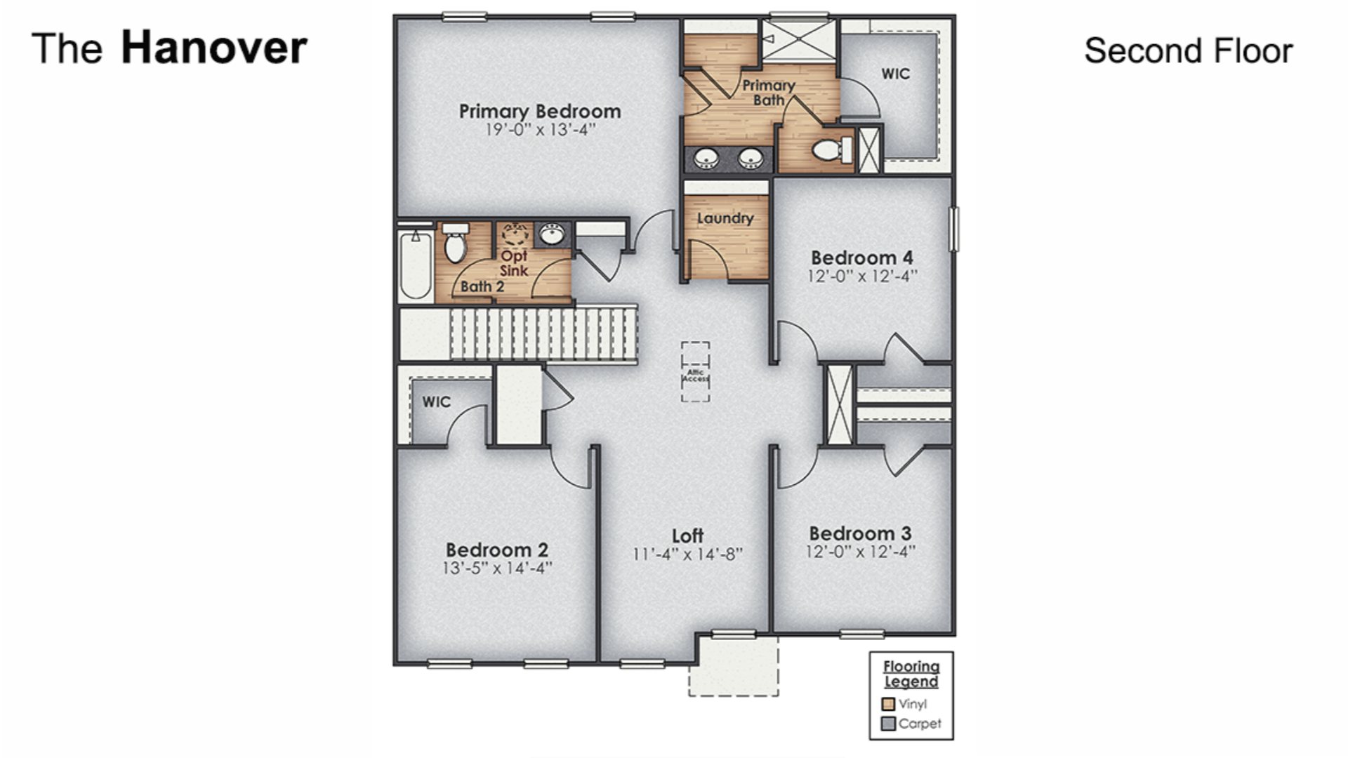 The Hanover is a spacious two-story home offered at Saunders Village in Rieglewood, North Carolina. The home features six bedrooms, two and a half bathrooms, plus a flex space and loft as well as two-car garage.