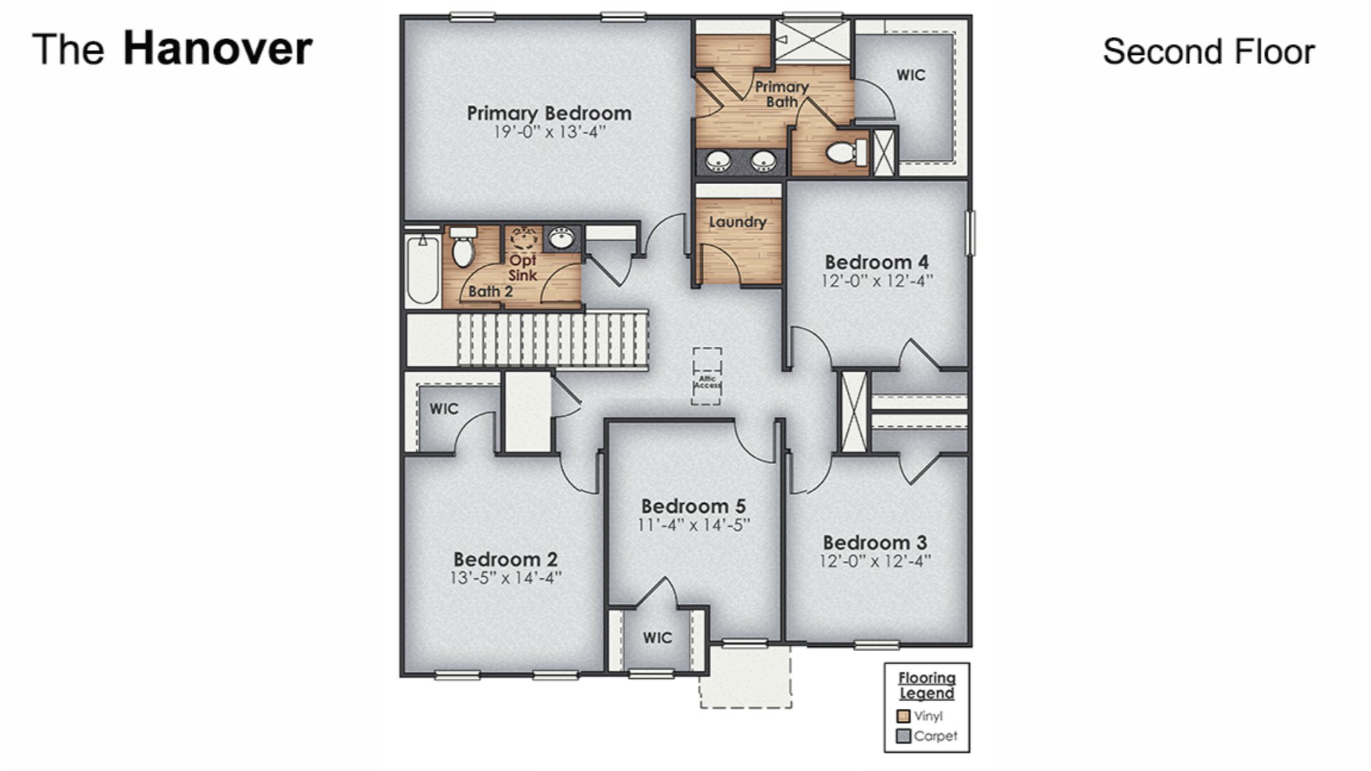 The Hanover is a spacious two-story home offered at Saunders Village in Rieglewood, North Carolina. The home features six bedrooms, two and a half bathrooms, plus a flex space and loft as well as two-car garage.