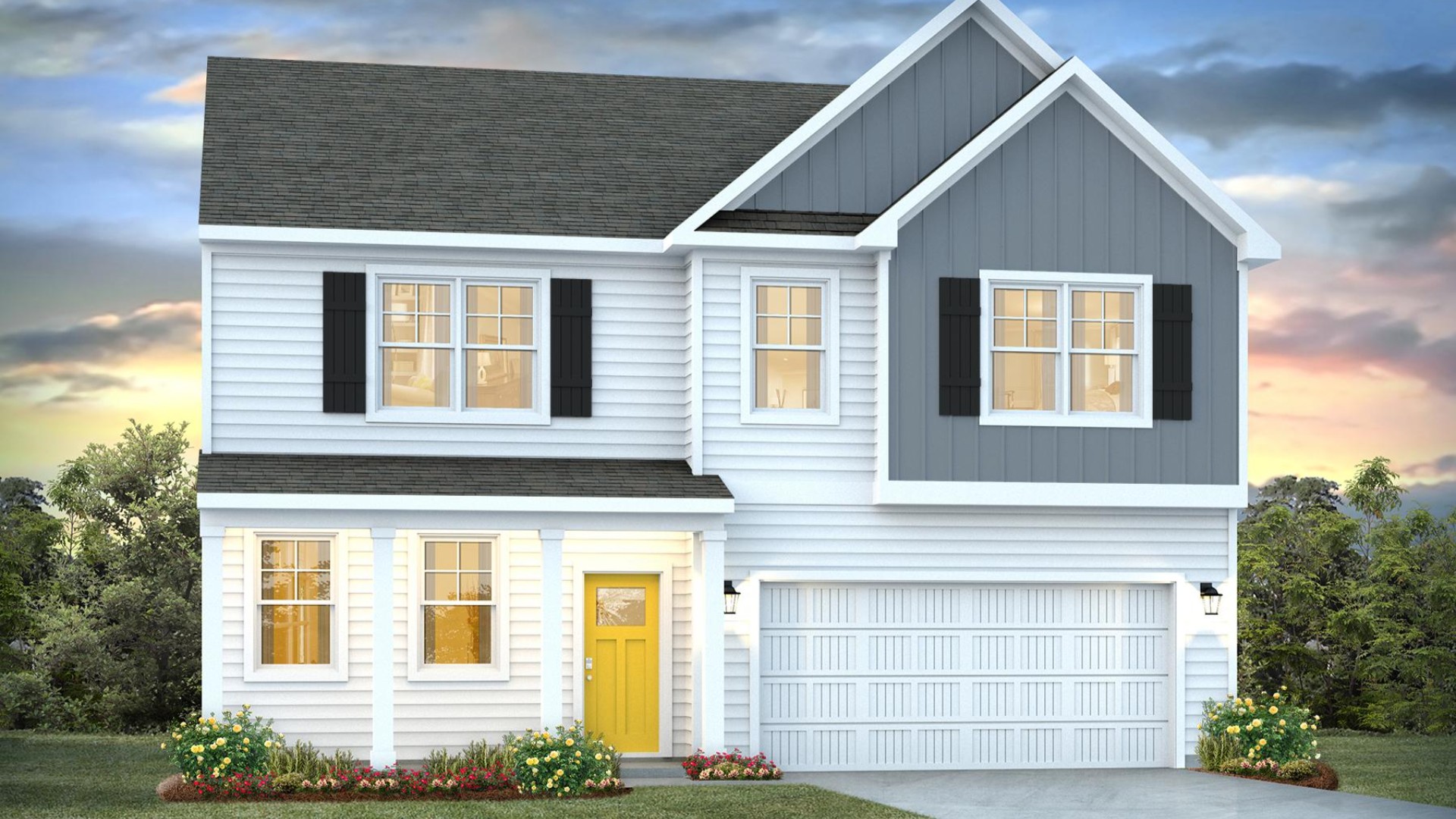 The Hanover is a spacious two-story home offered at Saunders Village in Rieglewood, North Carolina. The home features six bedrooms, two and a half bathrooms, plus a flex space and loft as well as two-car garage.