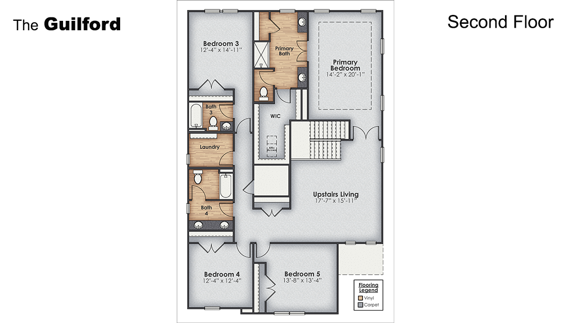 The Guilford is one of our two-story floorplans featured in our Saunders Village community in Riegelwood, North Carolina. With 3 modern exteriors to choose from, the Guilford is sure to turn heads. Inside this 5 bedroom, 4.5 bathroom home
