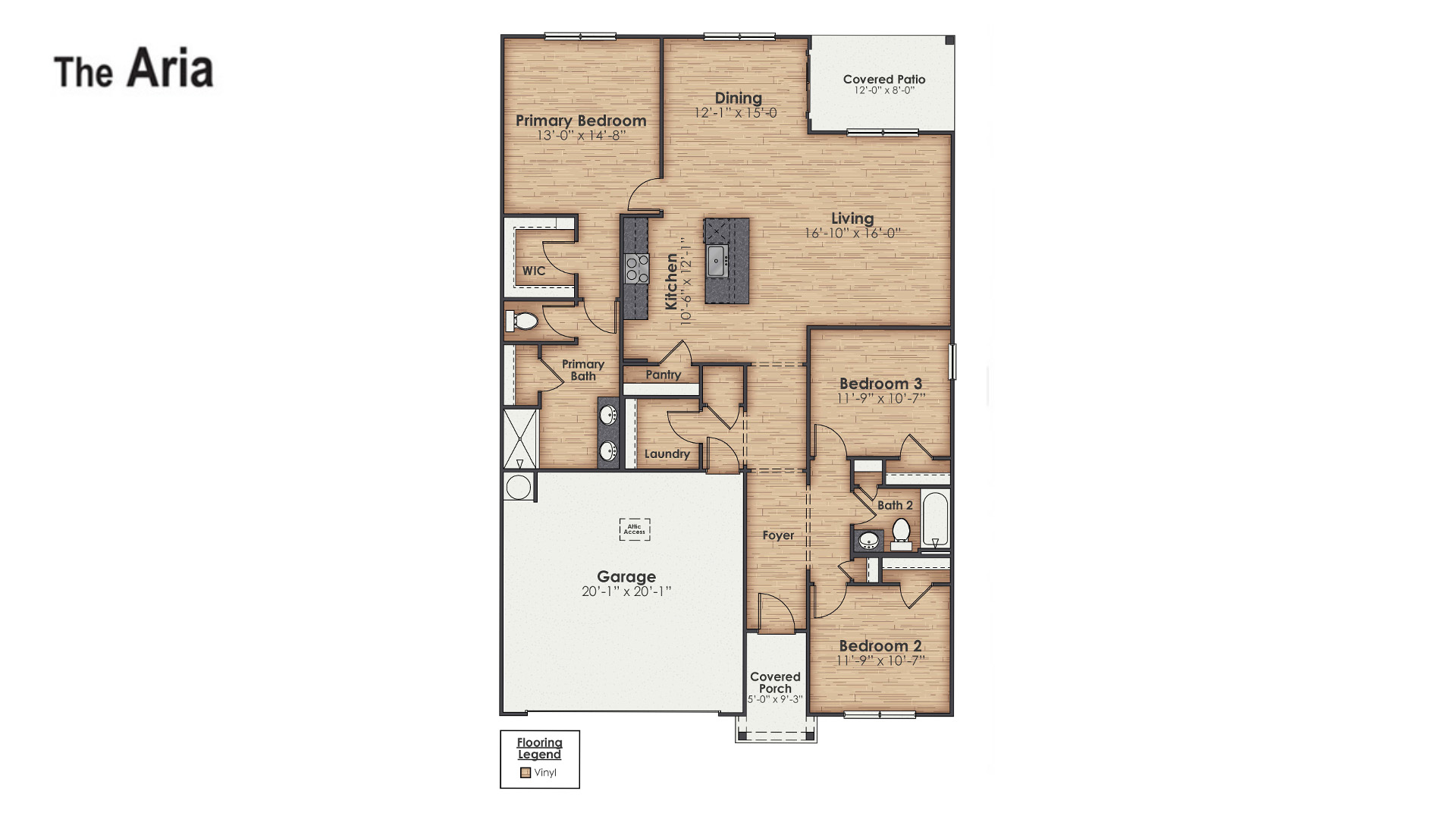 New Homes in Jacksonville NC. Vineyard Trail. The Aria is a 3-bedroom, 2-bathroom home with 1,618 square feet of open living space. Its centerpiece is the showstopper kitchen, featuring a large island, stainless steel appliances, and a spacious pantry. This one-level floor plan is perfect for entertaining or relaxing in style. The Primary Suite offers a massive closet and a luxurious bathroom with a walk-in shower, linen closet, and dual vanity. With its open layout and sleek design, the Aria is ideal for anyone seeking comfort and modern features.
