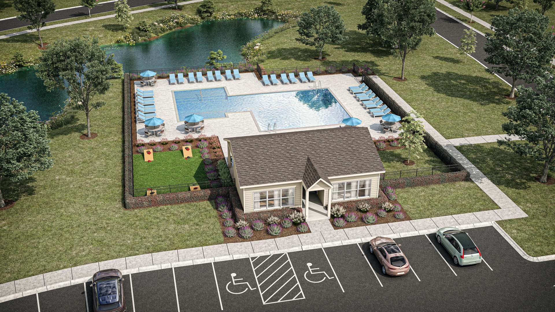 Future amenities include a sparking swimming pool, cornhole, and open-air pavilion.