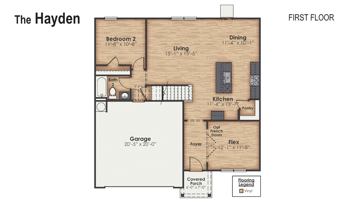 New Homes in Jacksonville NC. Vineyard Trail. The Hayden Floorplan offers 2,511 square feet with 5 bedrooms, 3 full bathrooms, and a 2-car garage. The upstairs has an additional living space, a laundry room, and a Primary Bedroom. Downstairs, a flex room can be used as an office or sitting area, while the open-concept kitchen features granite countertops and stainless steel appliances. The kitchen seamlessly connects to the dining and living areas, creating a great space for entertainment. If you're seeking a spacious home with modern features, the Hayden Floorplan is a top choice.