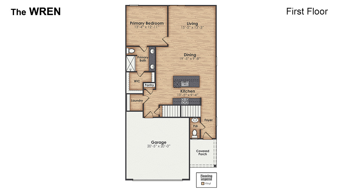 New Homes in Jacksonville NC. Vineyard Trail. The Hayden Floorplan offers 2,511 square feet with 5 bedrooms, 3 full bathrooms, and a 2-car garage. The upstairs has an additional living space, a laundry room, and a Primary Bedroom. Downstairs, a flex room can be used as an office or sitting area, while the open-concept kitchen features granite countertops and stainless steel appliances. The kitchen seamlessly connects to the dining and living areas, creating a great space for entertainment. If you're seeking a spacious home with modern features, the Hayden Floorplan is a top choice.