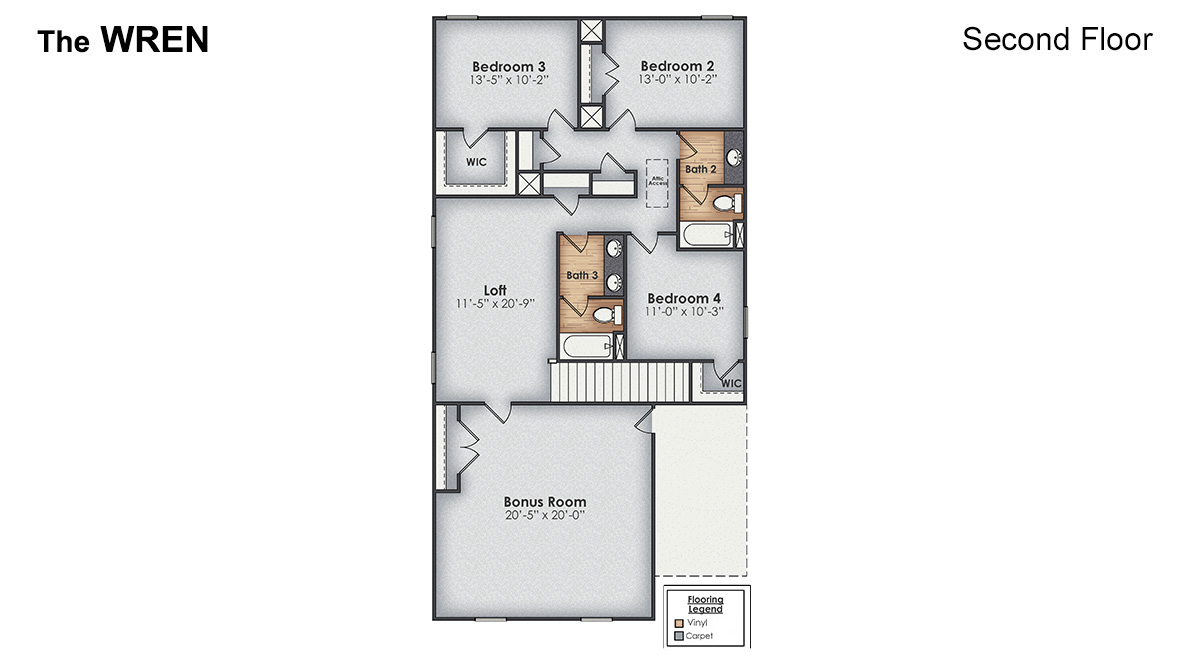 New Homes in Jacksonville NC. Vineyard Trail. The Hayden Floorplan offers 2,511 square feet with 5 bedrooms, 3 full bathrooms, and a 2-car garage. The upstairs has an additional living space, a laundry room, and a Primary Bedroom. Downstairs, a flex room can be used as an office or sitting area, while the open-concept kitchen features granite countertops and stainless steel appliances. The kitchen seamlessly connects to the dining and living areas, creating a great space for entertainment. If you're seeking a spacious home with modern features, the Hayden Floorplan is a top choice.