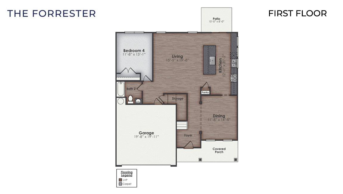 The Forrester floorplan is 4 bedroom, 3 bath with 2,644 square foot home made for entertaining and get togethers! Featuring a formal dining room adjoining the kitchen, large island, and open concept living space.