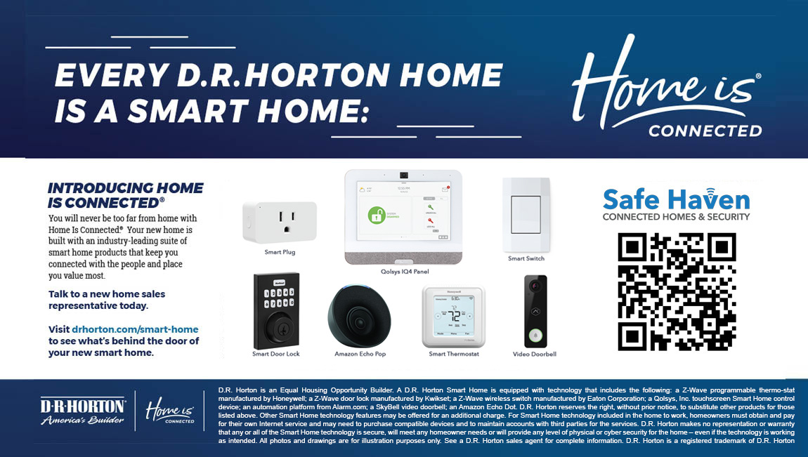 Home Is Connected® Smart Home Technology is included in your new home and comes with an industry-leading suite of smart home products including touchscreen interface, HD video doorbell, smart door lock, smart thermostat, smart light switch all controlled by smartphone app with voice!