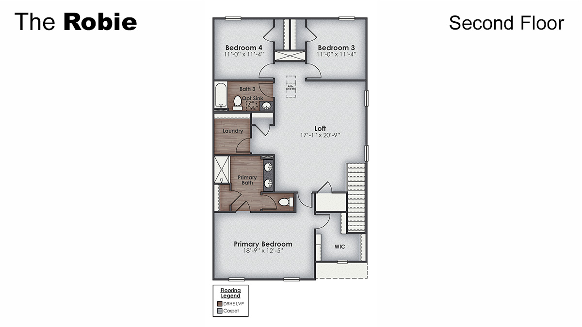 The Robie two-story floorplan features an open floor plan with a guest bedroom and full bathroom on the 1st floor and a large bonus/loft area upstairs right next to the en-suite with two additional bedrooms. You’ll find 2,362 square feet of comfortable living.