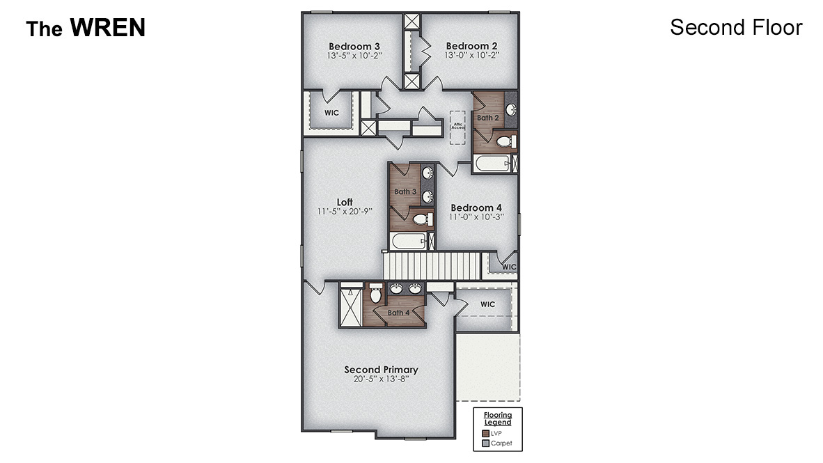 The Wren is one of the two-story floorplans featured in our Indigo Preserve community in Leland, NC.