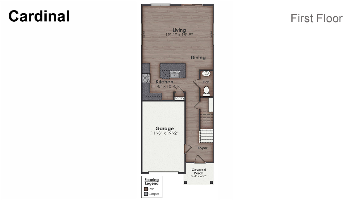 The Cardinal Townhome is one of our two-story floorplans featured in our Indigo Preserve community in Leland, North Carolina. Inside this 3-bedroom, 2.5-bathroom townhome, you'll find 1,533 square feet of comfortable living.