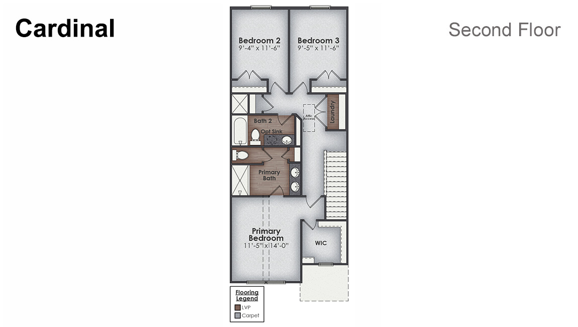 The Cardinal Townhome is one of our two-story floorplans featured in our Indigo Preserve community in Leland, North Carolina. Inside this 3-bedroom, 2.5-bathroom townhome, you'll find 1,533 square feet of comfortable living.