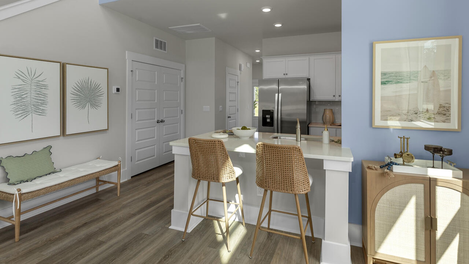 The Marion floorplan features an inviting covered front porch that opens into a formal dining room. The open concept living space is anchored by a spacious kitchen with granite countertops, stainless steel appliances and a large island that overlooks your family and dining room. Ideal for entertaining guests or enjoying family time while preparing meals.