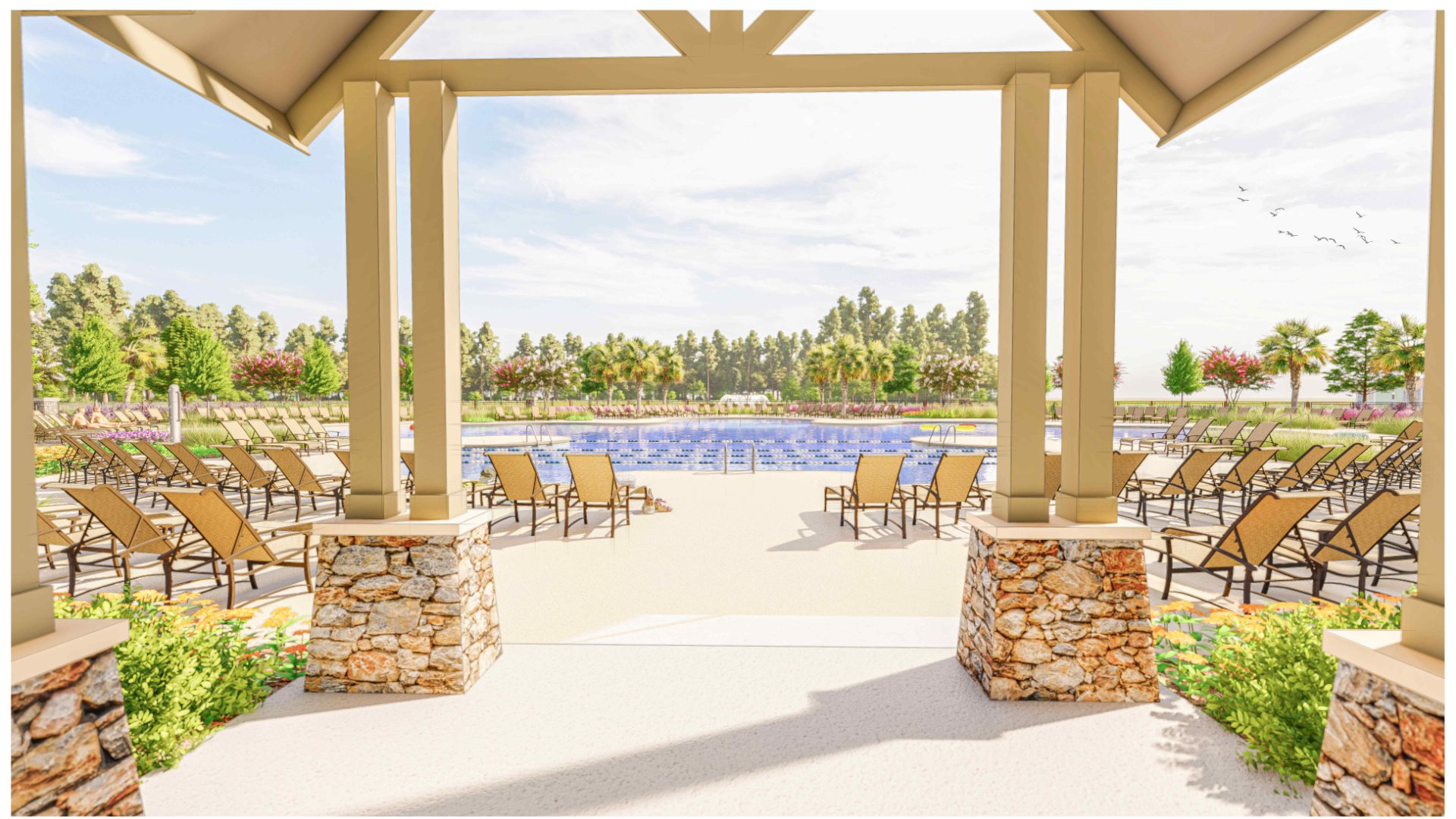 The Future Amenity Center will include a resort-style pool, clubhouse with kitchen, playground, pickleball courts, fire pit, and pocket park.