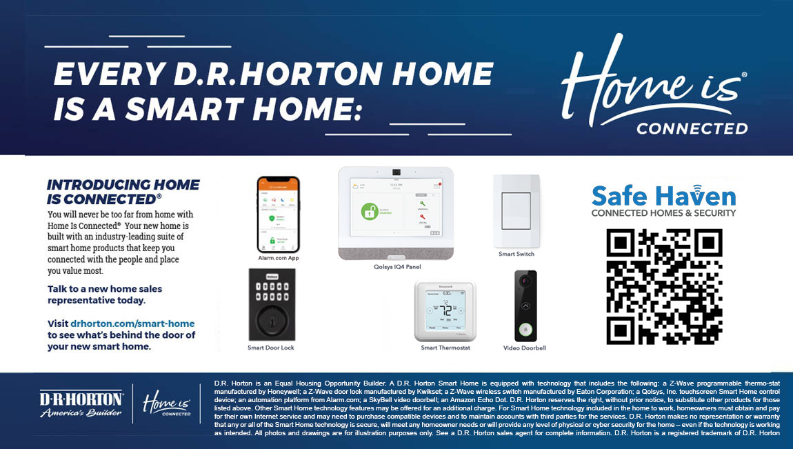 vHome Is Connected® Smart Home Technology is included in your new home and comes with an industry-leading suite of smart home products including touchscreen interface, HD video doorbell, smart door lock, smart thermostat, smart light switch all controlled by smartphone app with voice!