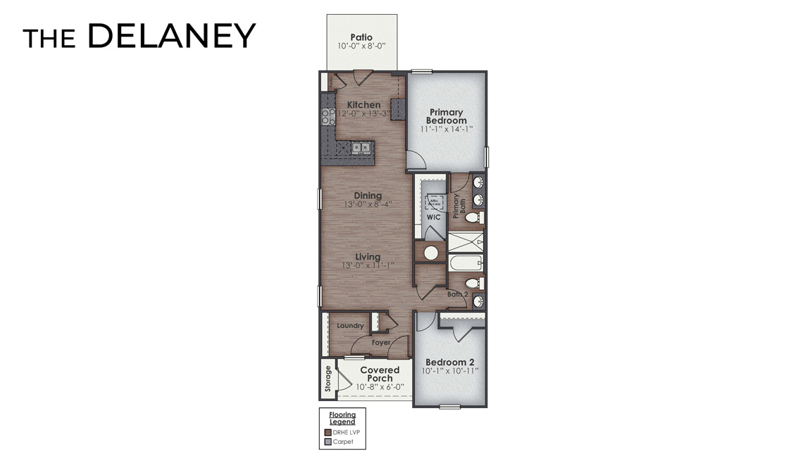 New Homes in Wilmington NC. Blake Farm. One of our newest floorplans, the Delaney is a 2-bedroom, 2 bath home designed for efficiency and comfort. Walking in through the foyer, you'll find a front bedroom with adjoining bathroom. The open floor plan consists of a living and dining area and the spacious kitchen at the back of the home with easy access to the back patio.